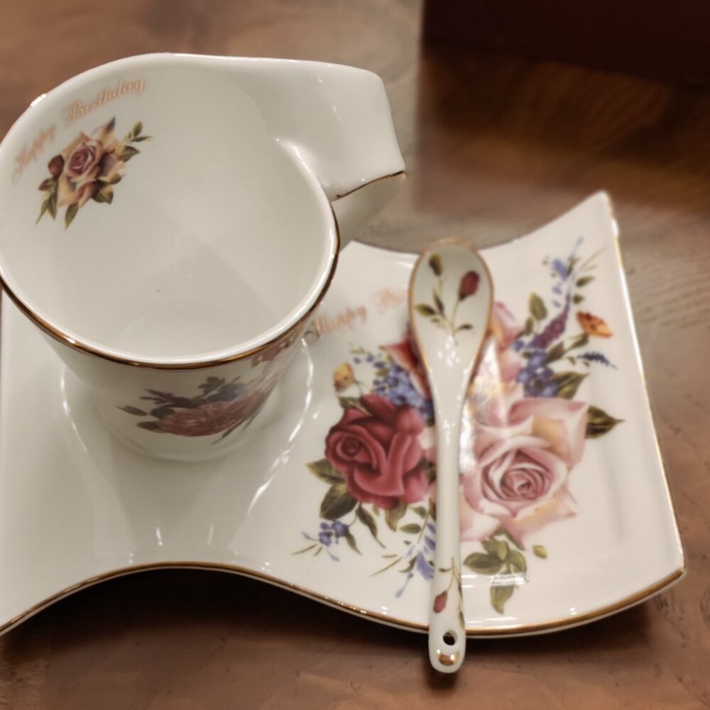 Birthday Adeline 3PC Set Tea Cup with Wave Plate & Spoon